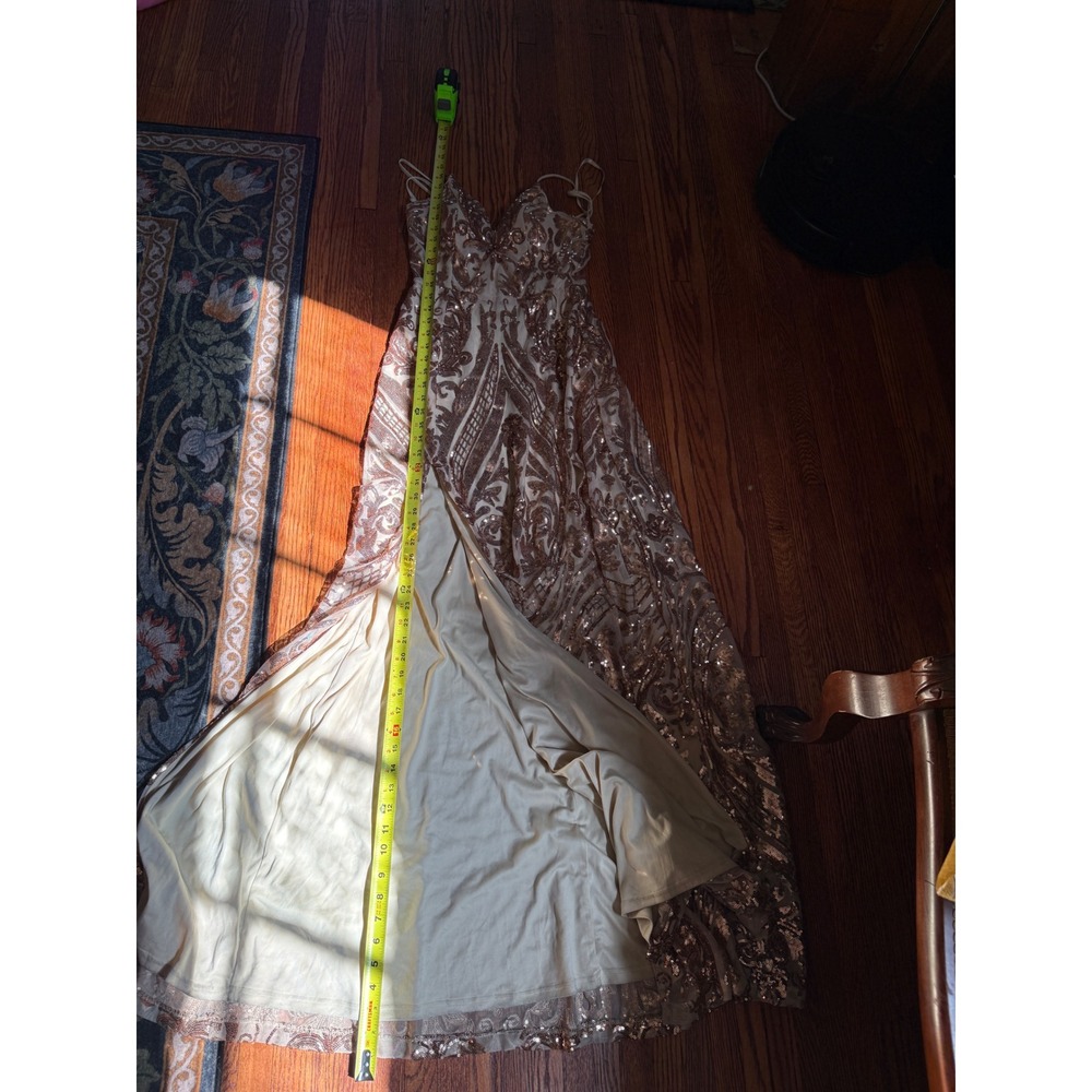 Windsor Rose Gold Sequin Double Slit Formal Gown Maxi Dress V-Neck Prom Gala SM - Picture 12 of 14